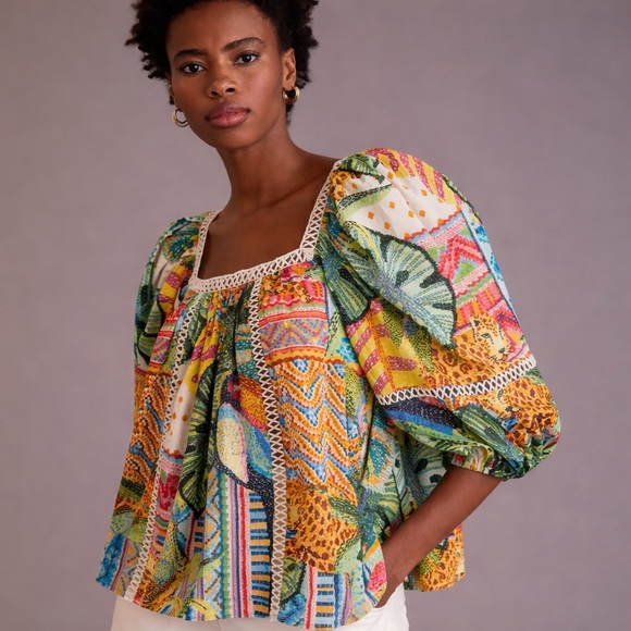 FARM Rio Tops - Farm Rio Anthropologie Lace Inset Peasant Blouse Tropical Print Small
